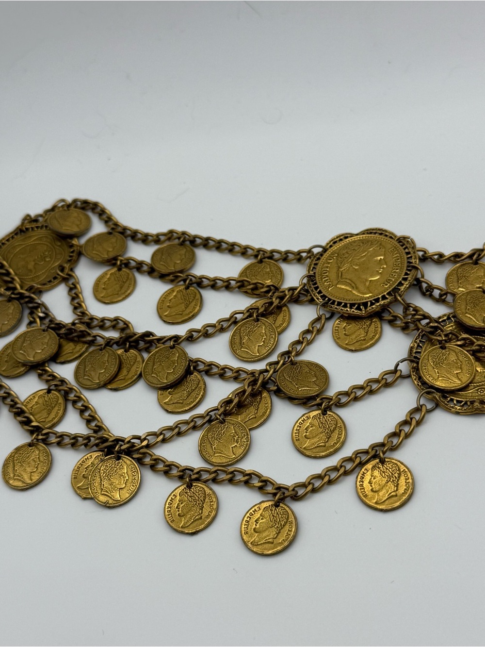 Vtg Napoleon Lion Coin Statement Couture Belt Gold Tone 39” Double Sided Coins - Picture 2 of 9